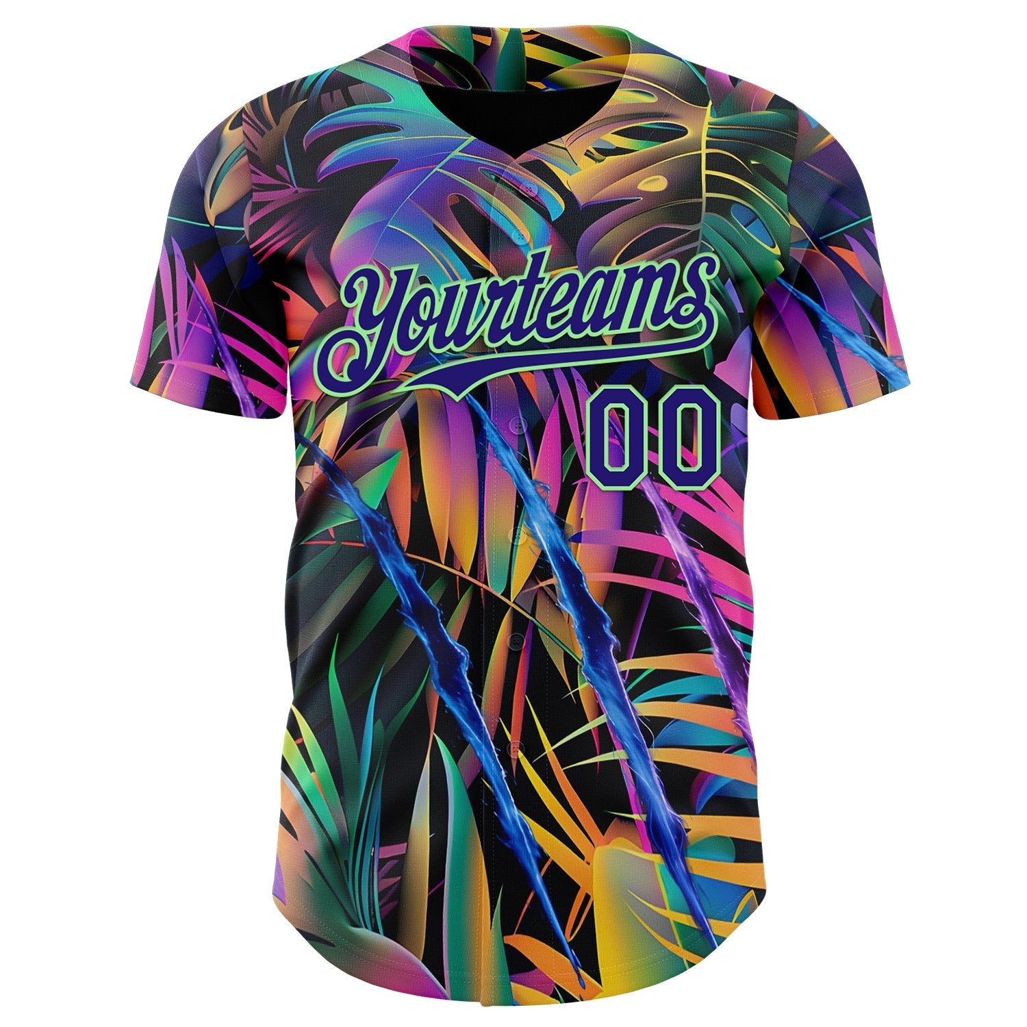Custom Black Dark Purple-Pea Green Cyber Tropical Palm Trees Music Festival Claw Marks Authentic Baseball Jersey baseball jersey product view 2