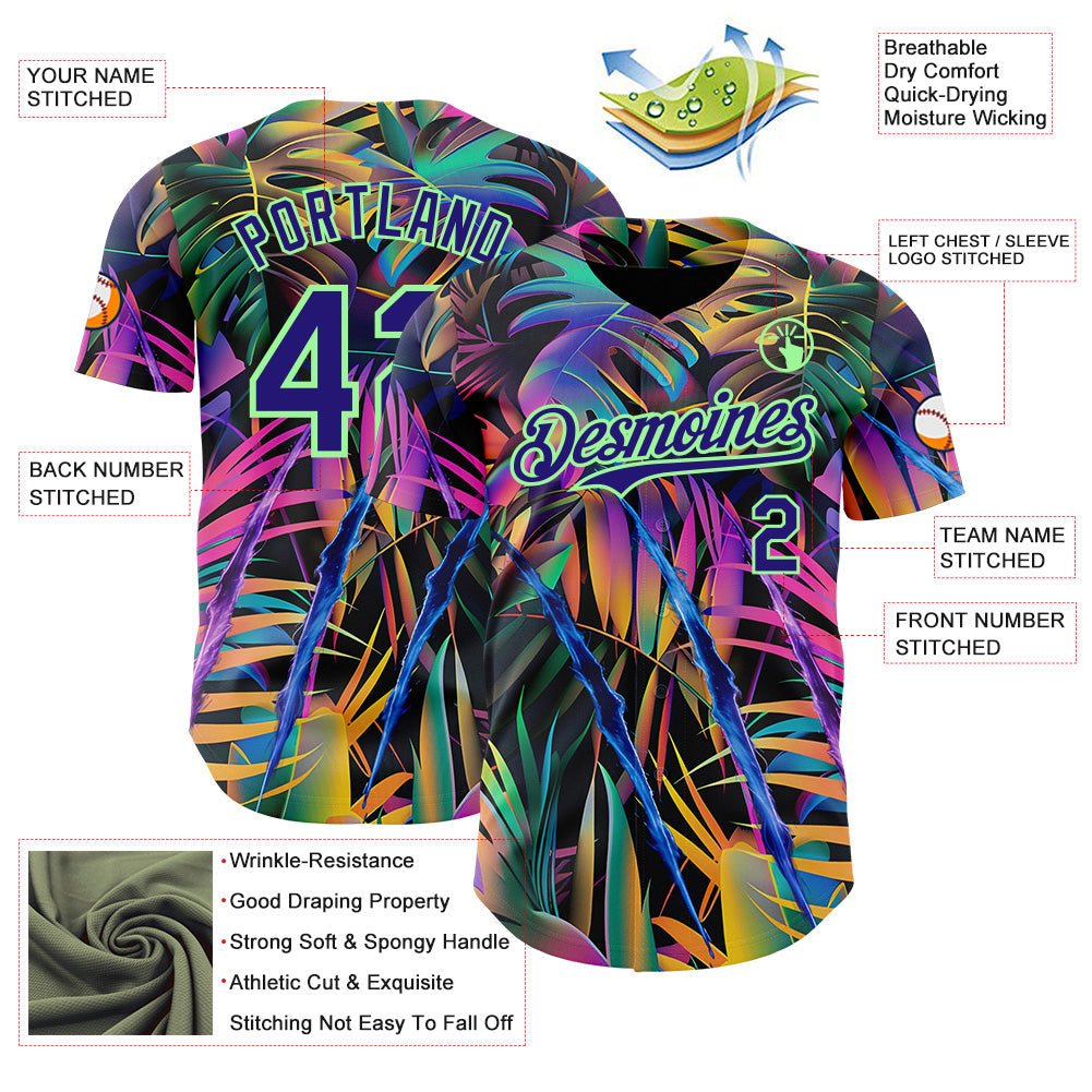 Custom Black Dark Purple-Pea Green Cyber Tropical Palm Trees Music Festival Claw Marks Authentic Baseball Jersey baseball jersey product view 3