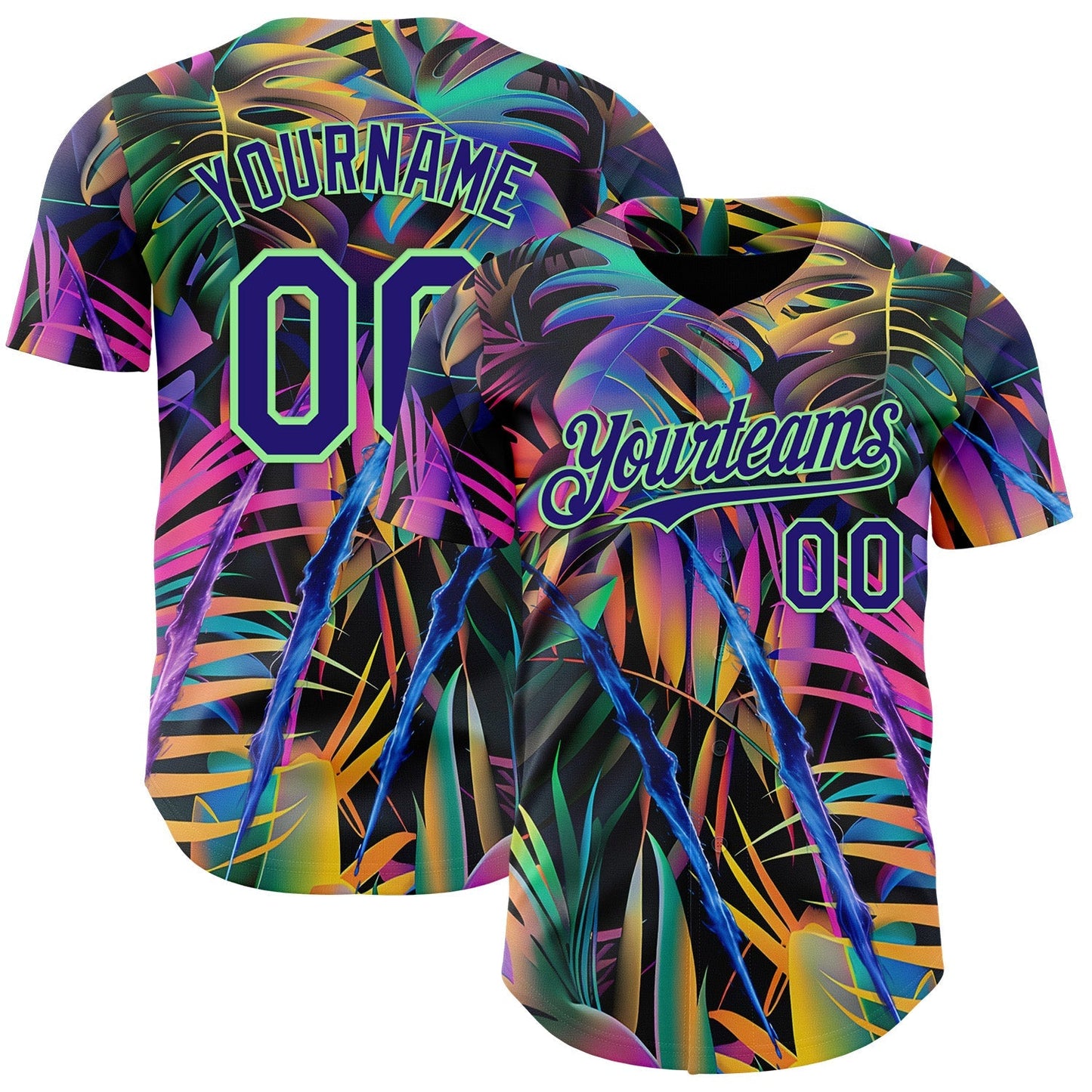 Custom Black Dark Purple-Pea Green Cyber Tropical Palm Trees Music Festival Claw Marks Authentic Baseball Jersey baseball jersey product view 1