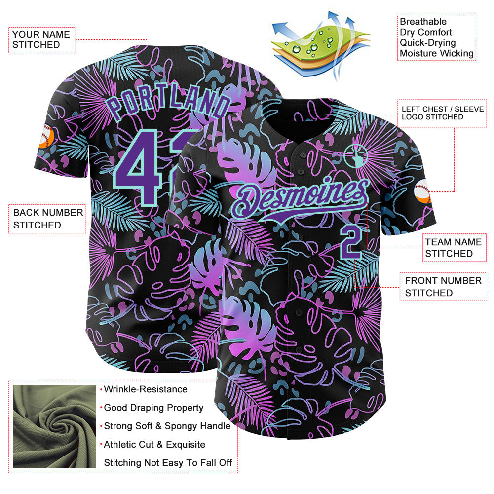 Custom Black Purple-Ice Blue Cyber Tropical Palm Trees Music Festival Authentic Baseball Jersey baseball jersey product view 3