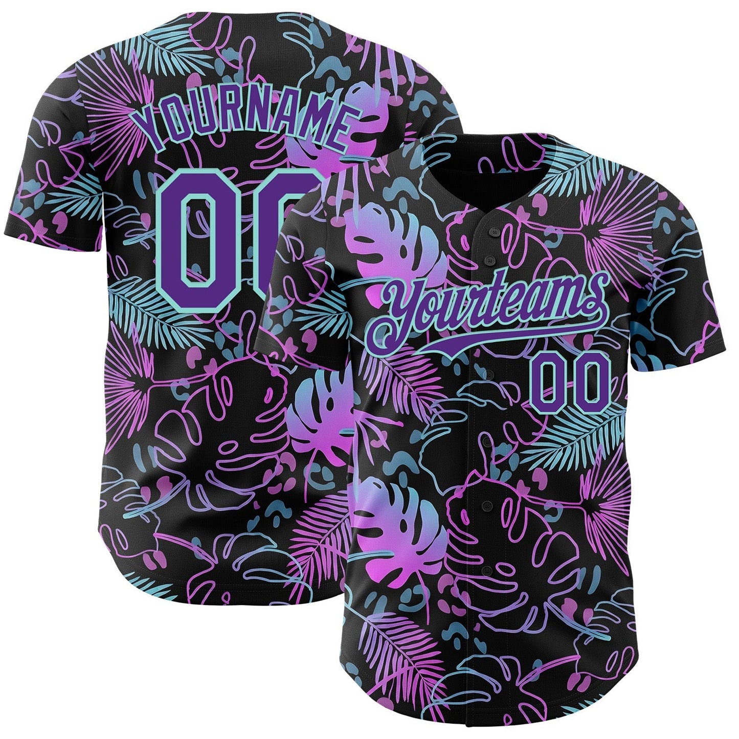 Custom Black Purple-Ice Blue Cyber Tropical Palm Trees Music Festival Authentic Baseball Jersey baseball jersey product view 1
