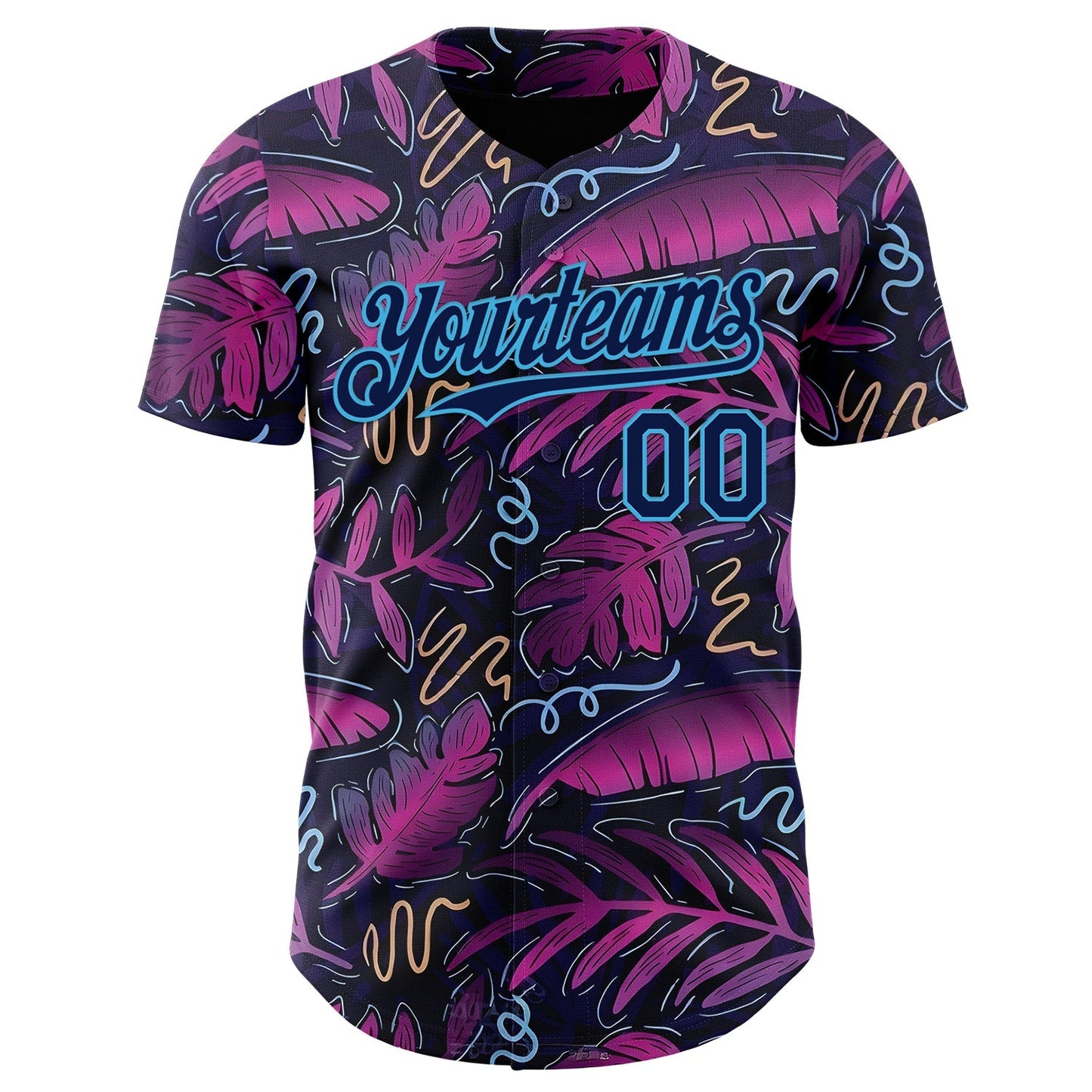 Custom Black Navy Purple-Sky Blue Cyber Tropical Palm Trees Music Festival Authentic Baseball Jersey baseball jersey product view 2