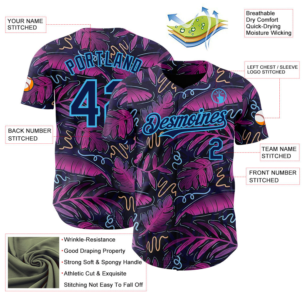 Custom Black Navy Purple-Sky Blue Cyber Tropical Palm Trees Music Festival Authentic Baseball Jersey baseball jersey product view 3