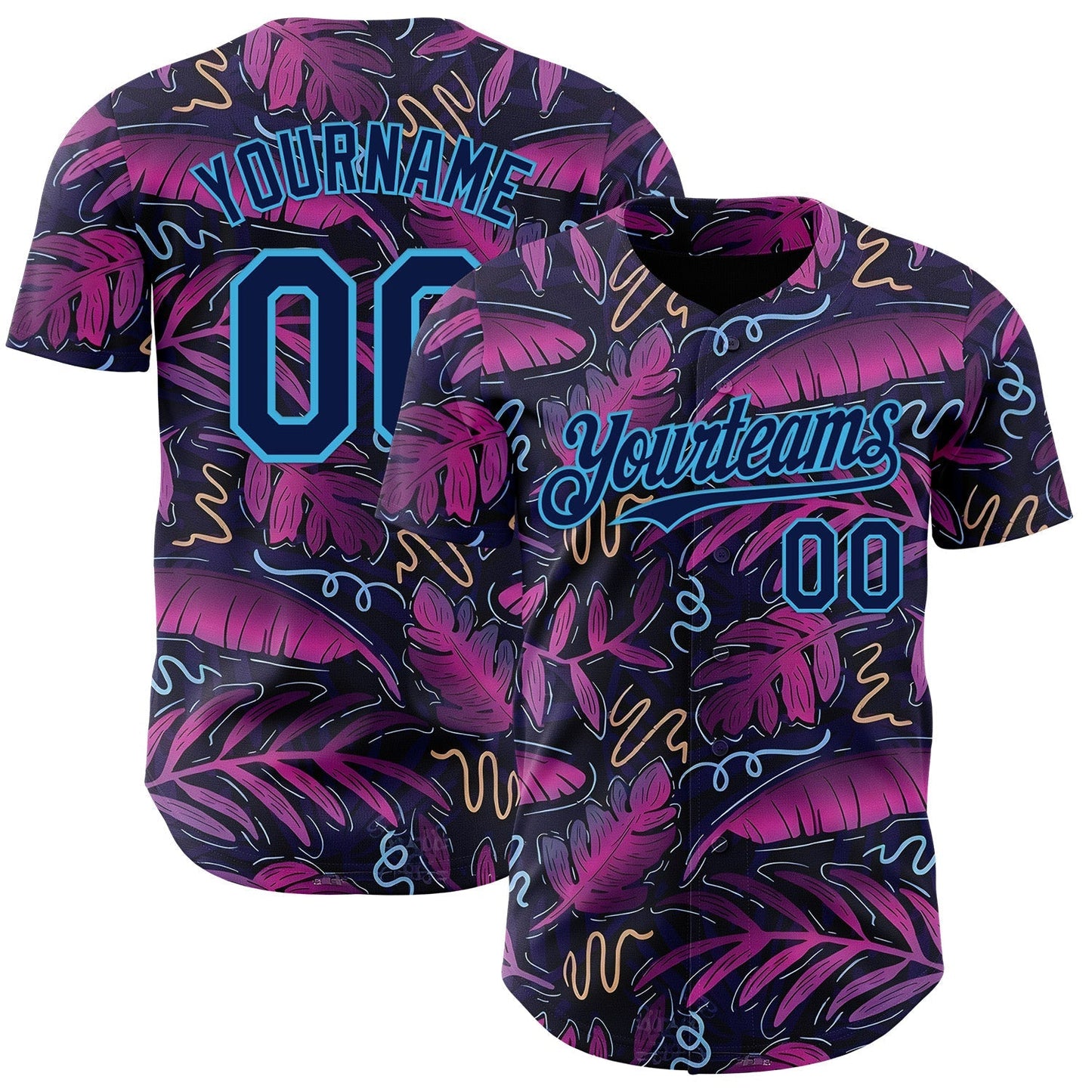 Custom Black Navy Purple-Sky Blue Cyber Tropical Palm Trees Music Festival Authentic Baseball Jersey baseball jersey product view 1
