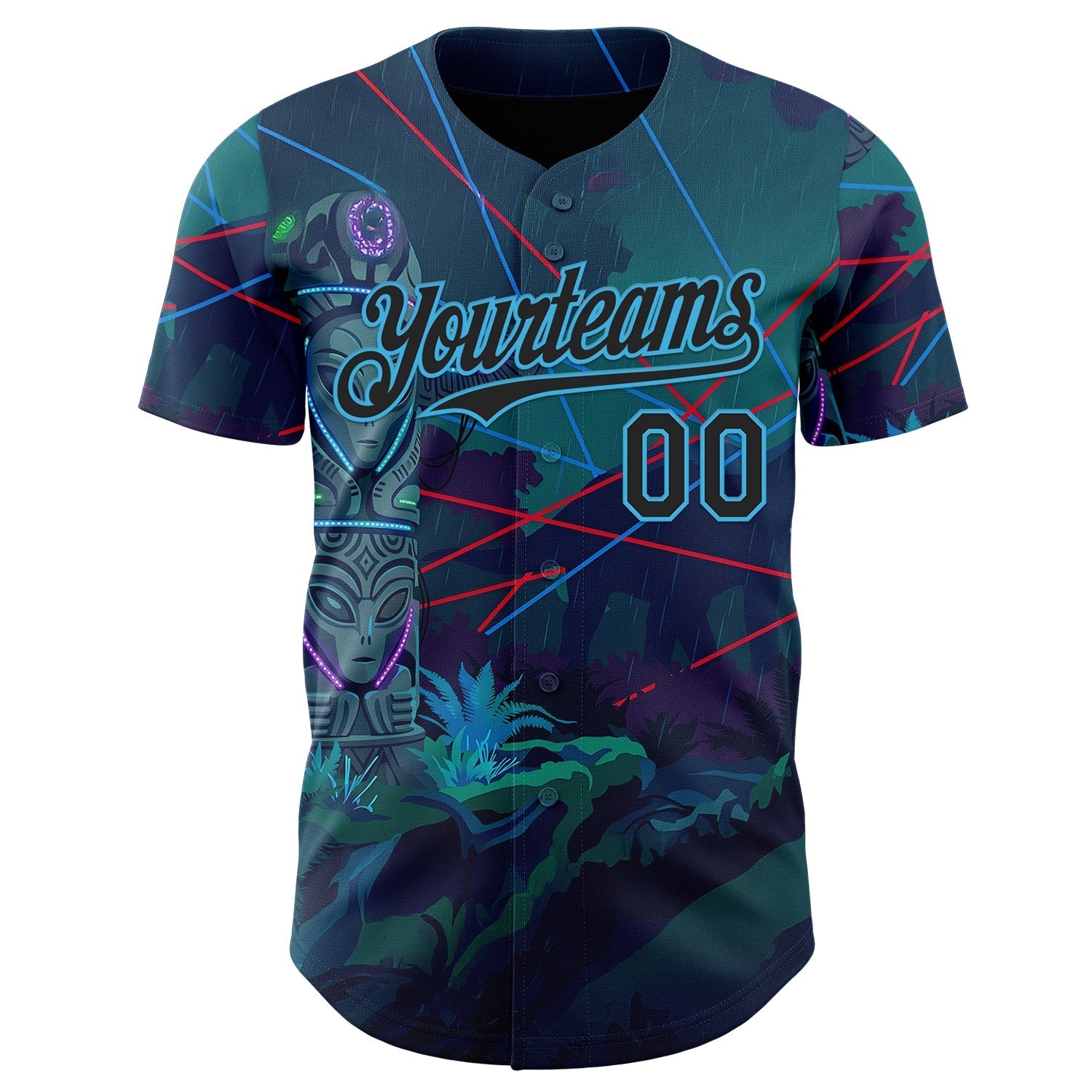 Custom Blue Black-Sky Blue Cyber Tropical Palm Trees Gothic Fantasy Authentic Baseball Jersey baseball jersey product view 2