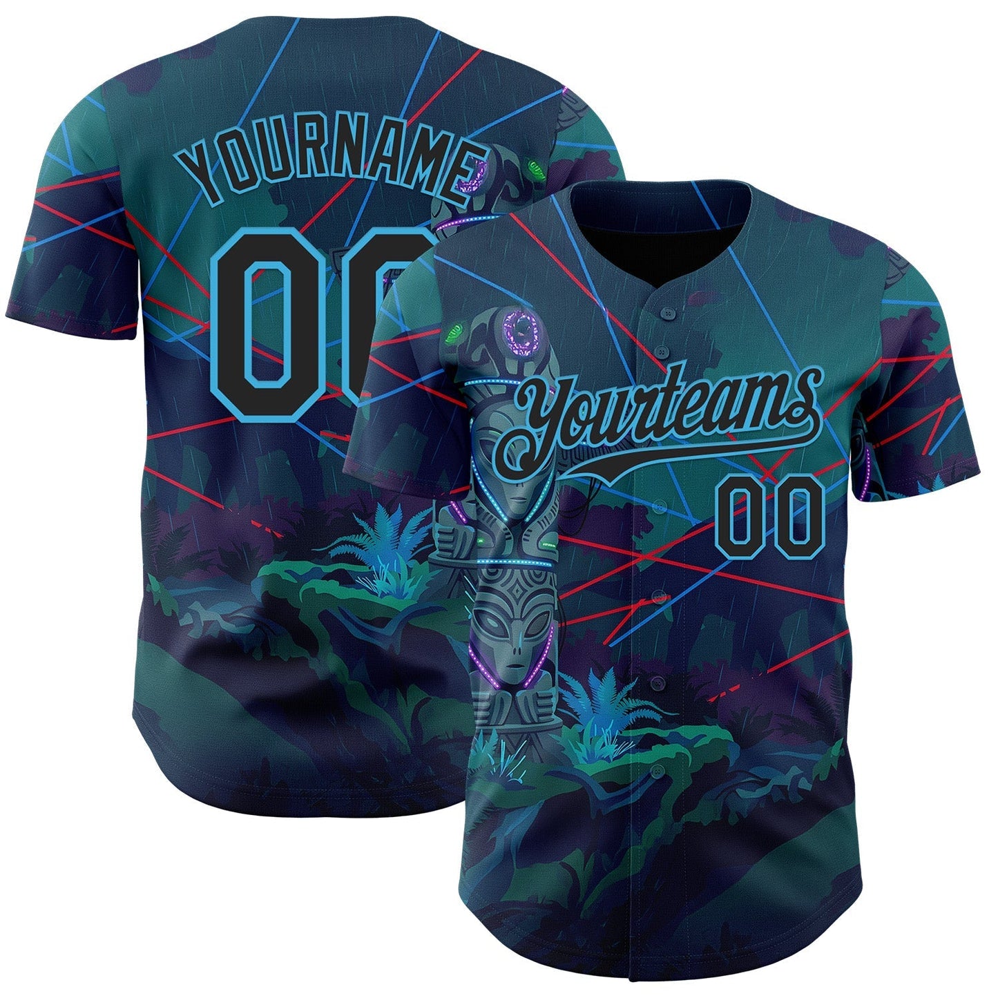 Custom Blue Black-Sky Blue Cyber Tropical Palm Trees Gothic Fantasy Authentic Baseball Jersey baseball jersey product view 1