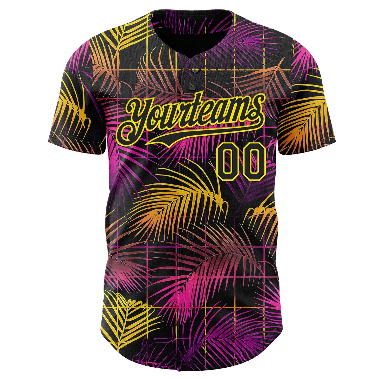 Custom Black Purple-Light Yellow Cyber Tropical Palm Trees Music Festival Authentic Baseball Jersey baseball jersey product view 2