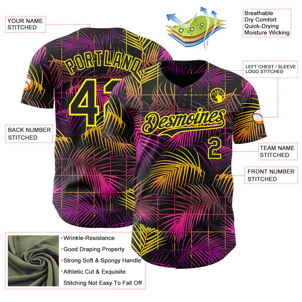 Custom Black Purple-Light Yellow Cyber Tropical Palm Trees Music Festival Authentic Baseball Jersey baseball jersey product view 3
