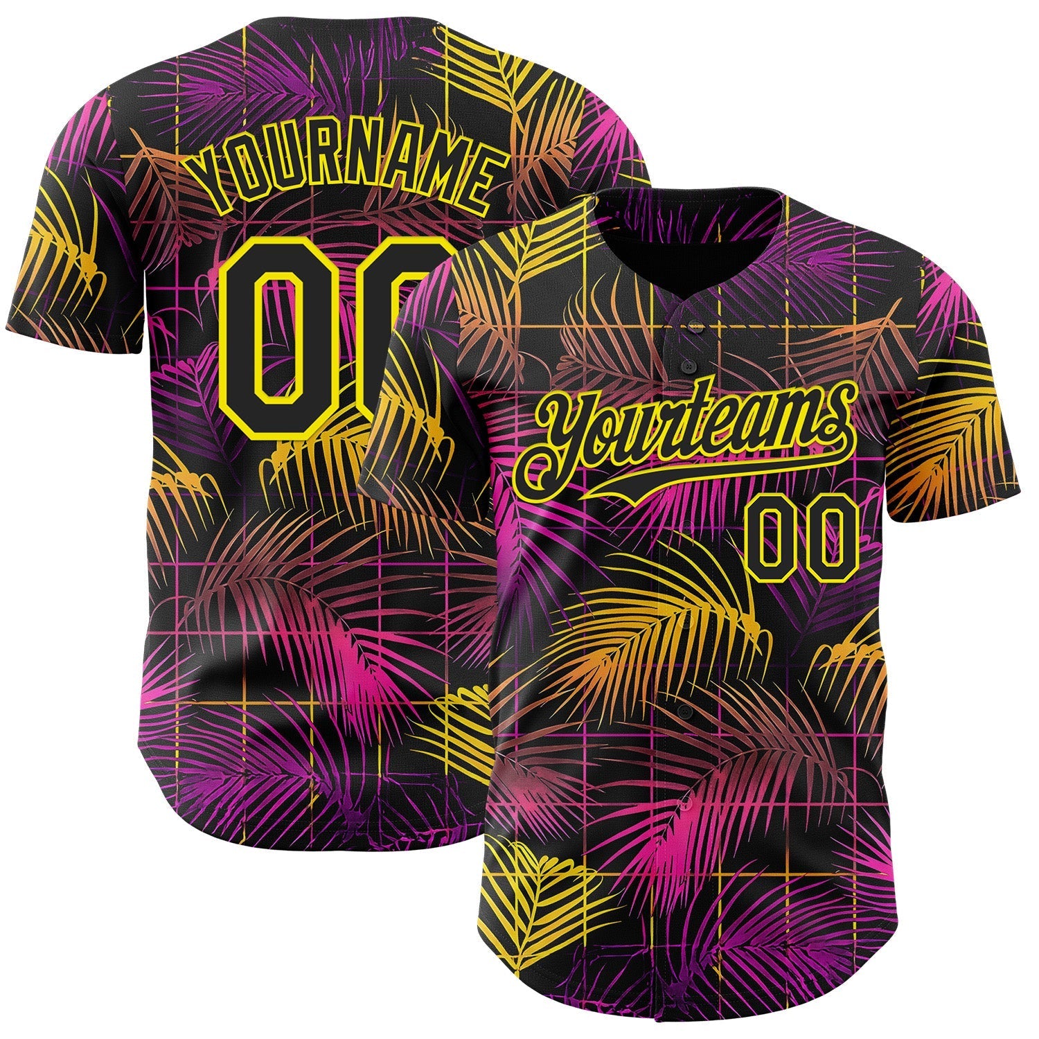 Custom Black Purple-Light Yellow Cyber Tropical Palm Trees Music Festival Authentic Baseball Jersey baseball jersey product view 1