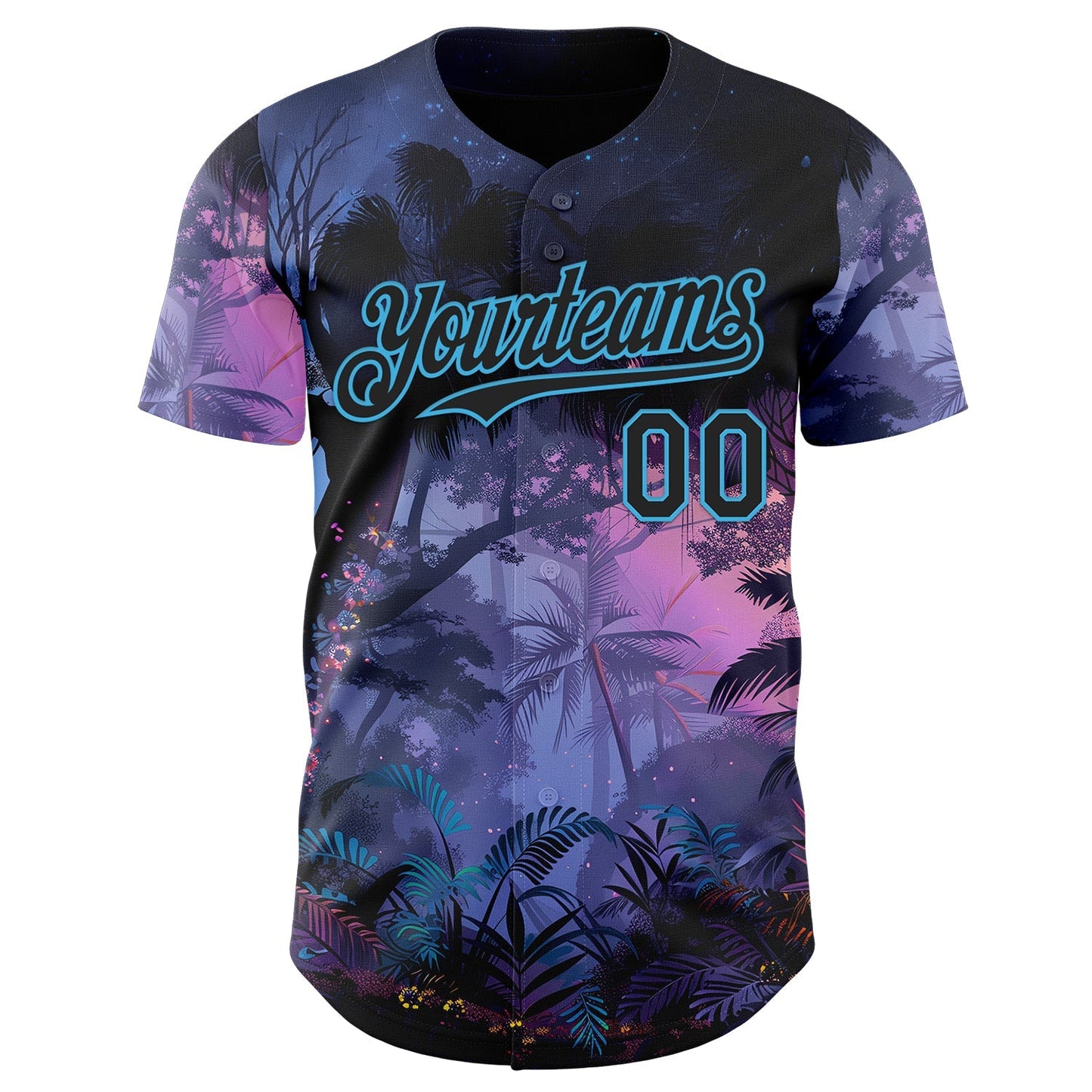 Custom Blue Black Purple-Sky Blue Cyber Tropical Palm Trees Music Festival Authentic Baseball Jersey baseball jersey product view 2