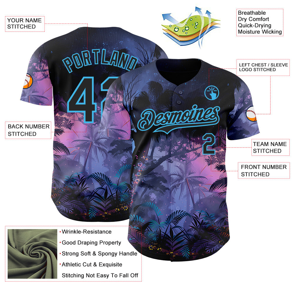 Custom Blue Black Purple-Sky Blue Cyber Tropical Palm Trees Music Festival Authentic Baseball Jersey baseball jersey product view 3