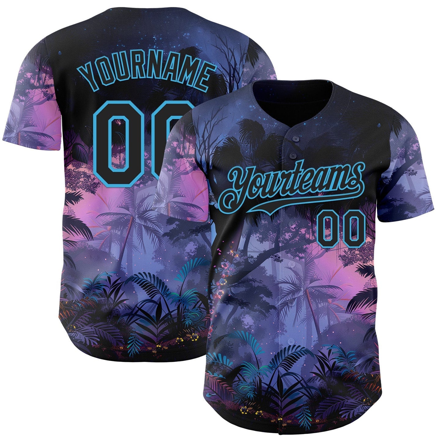 Custom Blue Black Purple-Sky Blue Cyber Tropical Palm Trees Music Festival Authentic Baseball Jersey baseball jersey product view 1