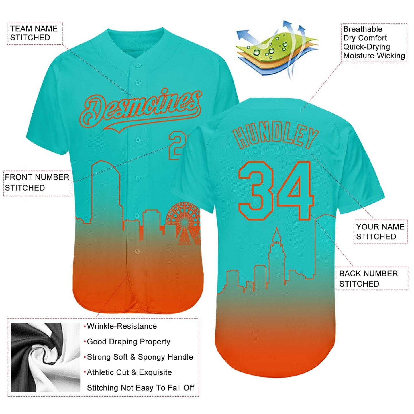 Custom Aqua Orange 3D Miami City Edition Fade Fashion Authentic Baseball Jersey baseball jersey product view 3