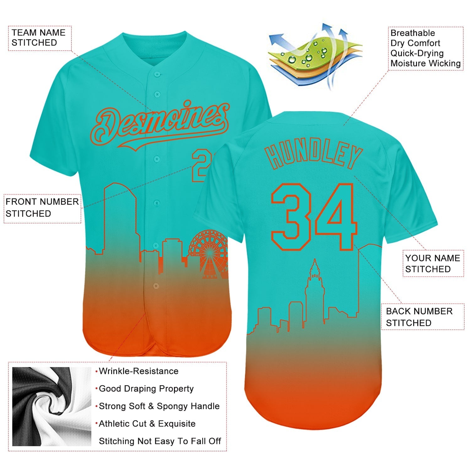 Custom Aqua Orange 3D Miami City Edition Fade Fashion Authentic Baseball Jersey baseball jersey product view 3
