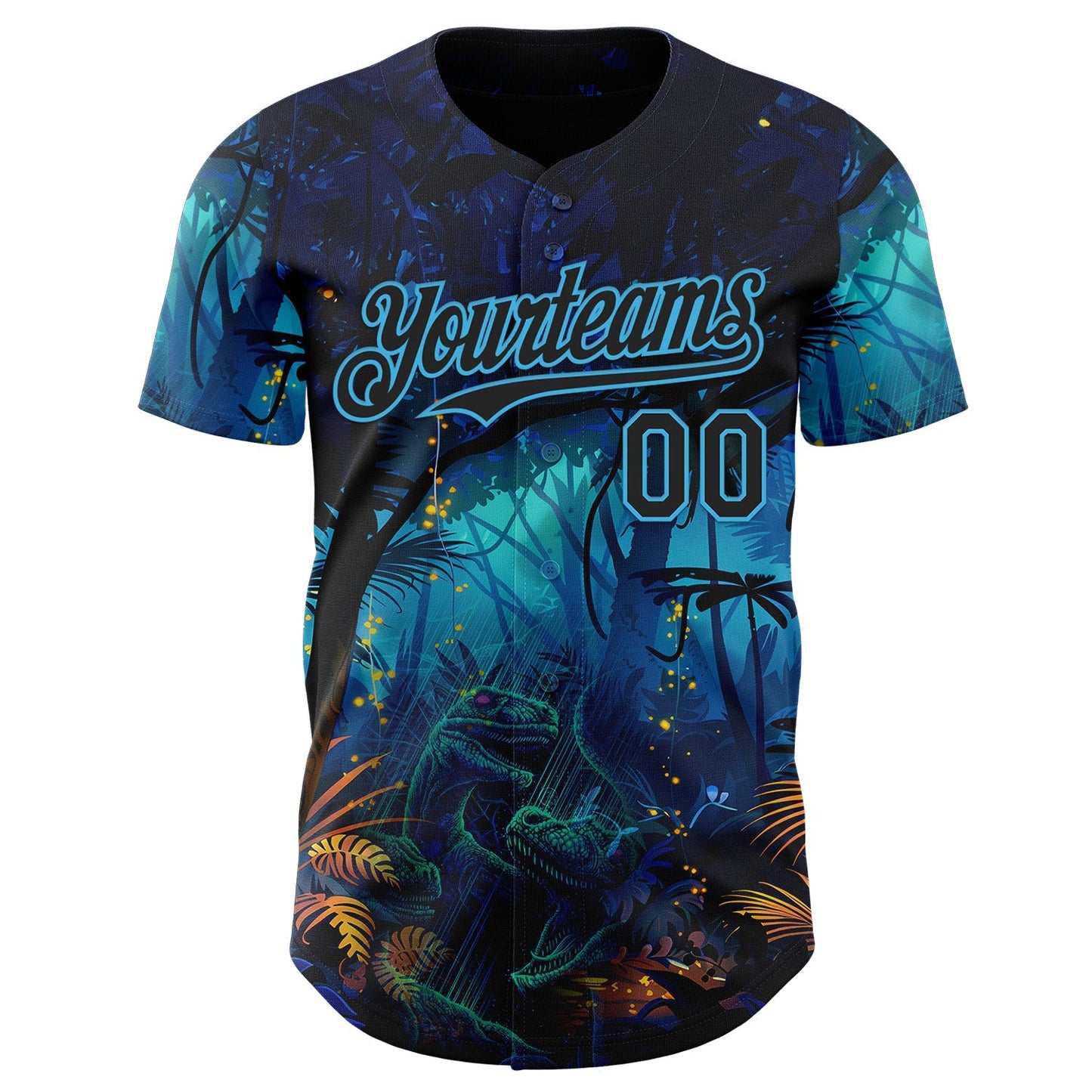 Custom Blue Black-Sky Blue Cyber Tropical Palm Trees Music Festival Gothic Fantasy Authentic Baseball Jersey baseball jersey product view 2