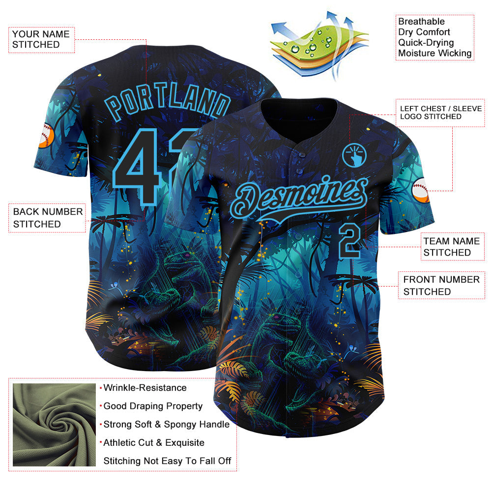 Custom Blue Black-Sky Blue Cyber Tropical Palm Trees Music Festival Gothic Fantasy Authentic Baseball Jersey baseball jersey product view 3
