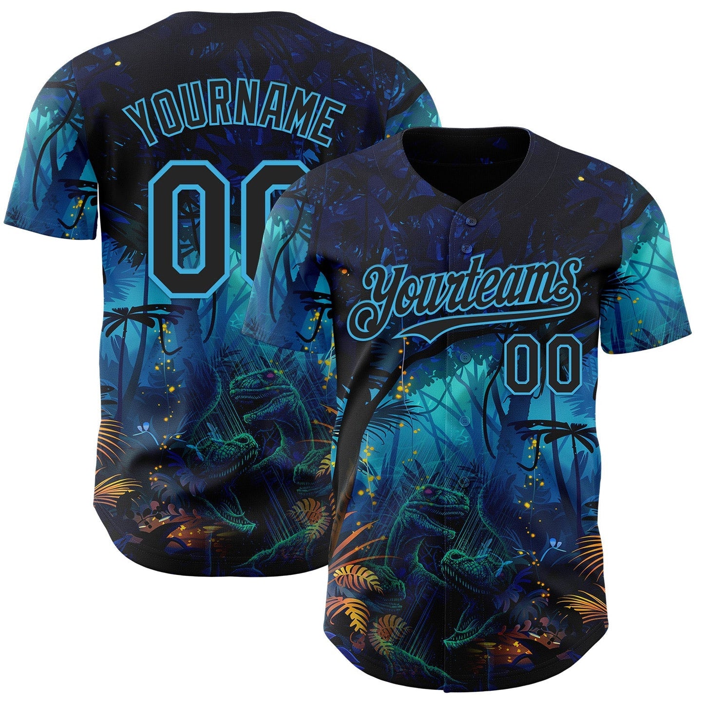 Custom Blue Black-Sky Blue Cyber Tropical Palm Trees Music Festival Gothic Fantasy Authentic Baseball Jersey baseball jersey product view 1