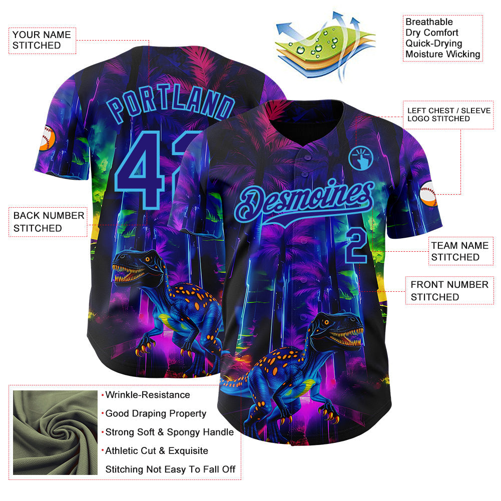 Custom Black Dark Purple Purple-Sky Blue Cyber Tropical Palm Trees Music Festival Gothic Fantasy Authentic Baseball Jersey baseball jersey product view 3