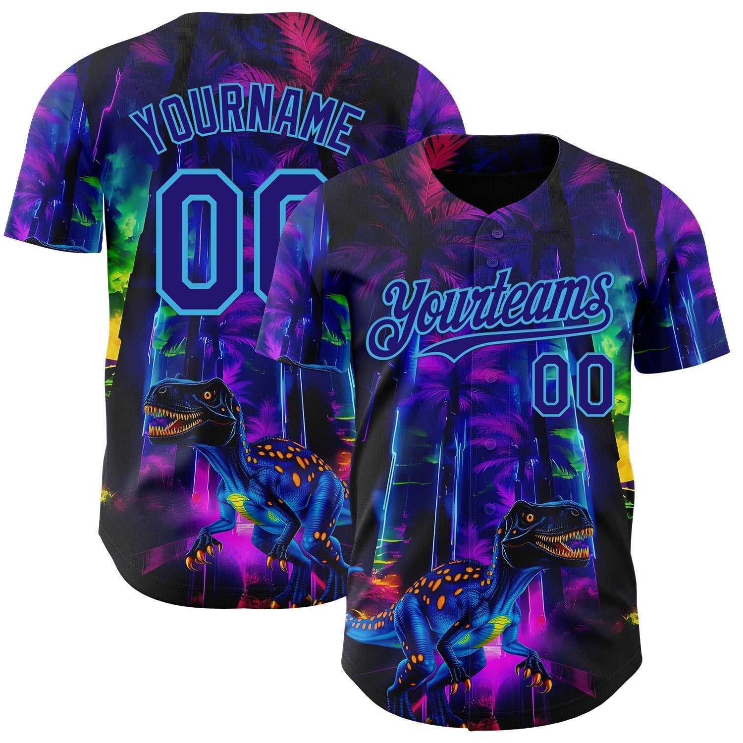 Custom Black Dark Purple Purple-Sky Blue Cyber Tropical Palm Trees Music Festival Gothic Fantasy Authentic Baseball Jersey baseball jersey product view 1