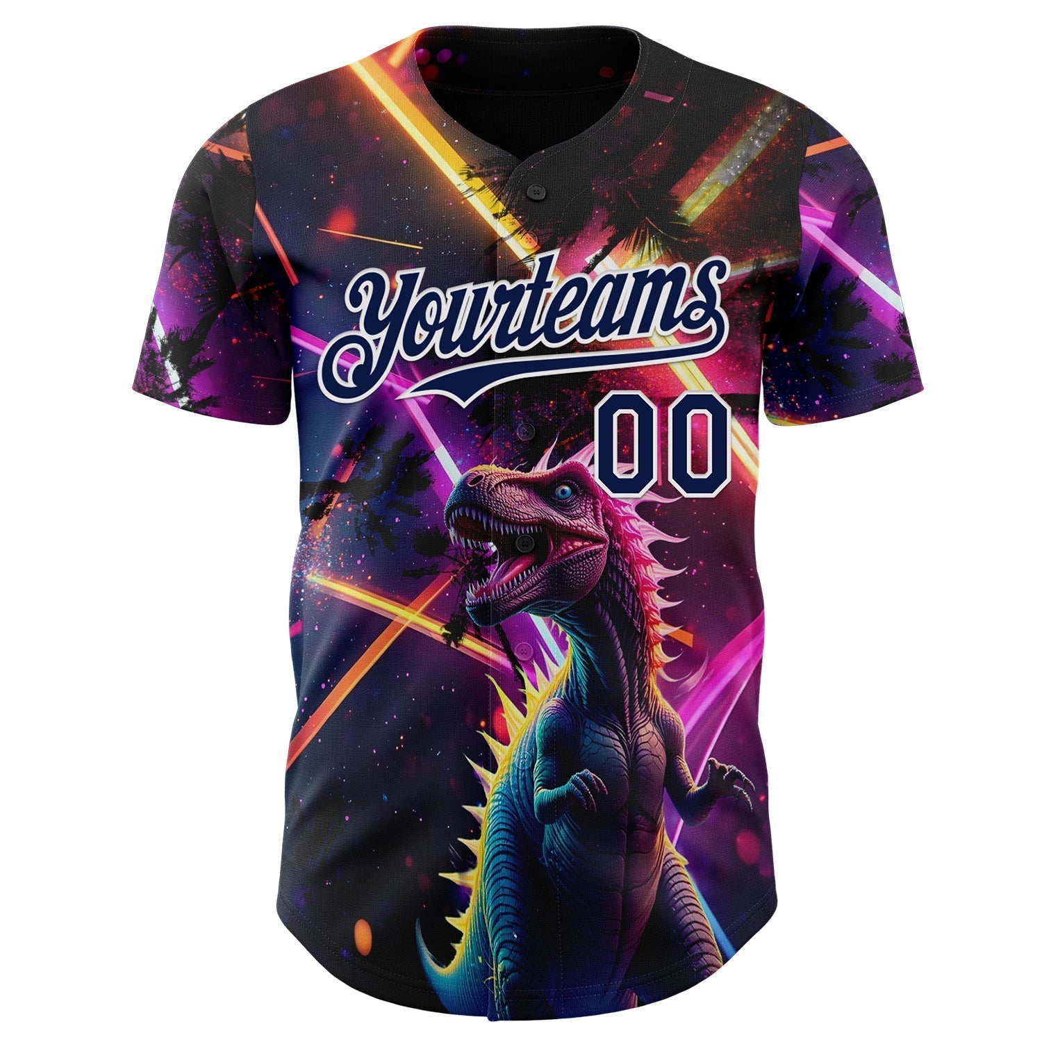 Custom Black Navy Purple-White Cyber Tropical Palm Trees Music Festival Gothic Fantasy Authentic Baseball Jersey baseball jersey product view 2