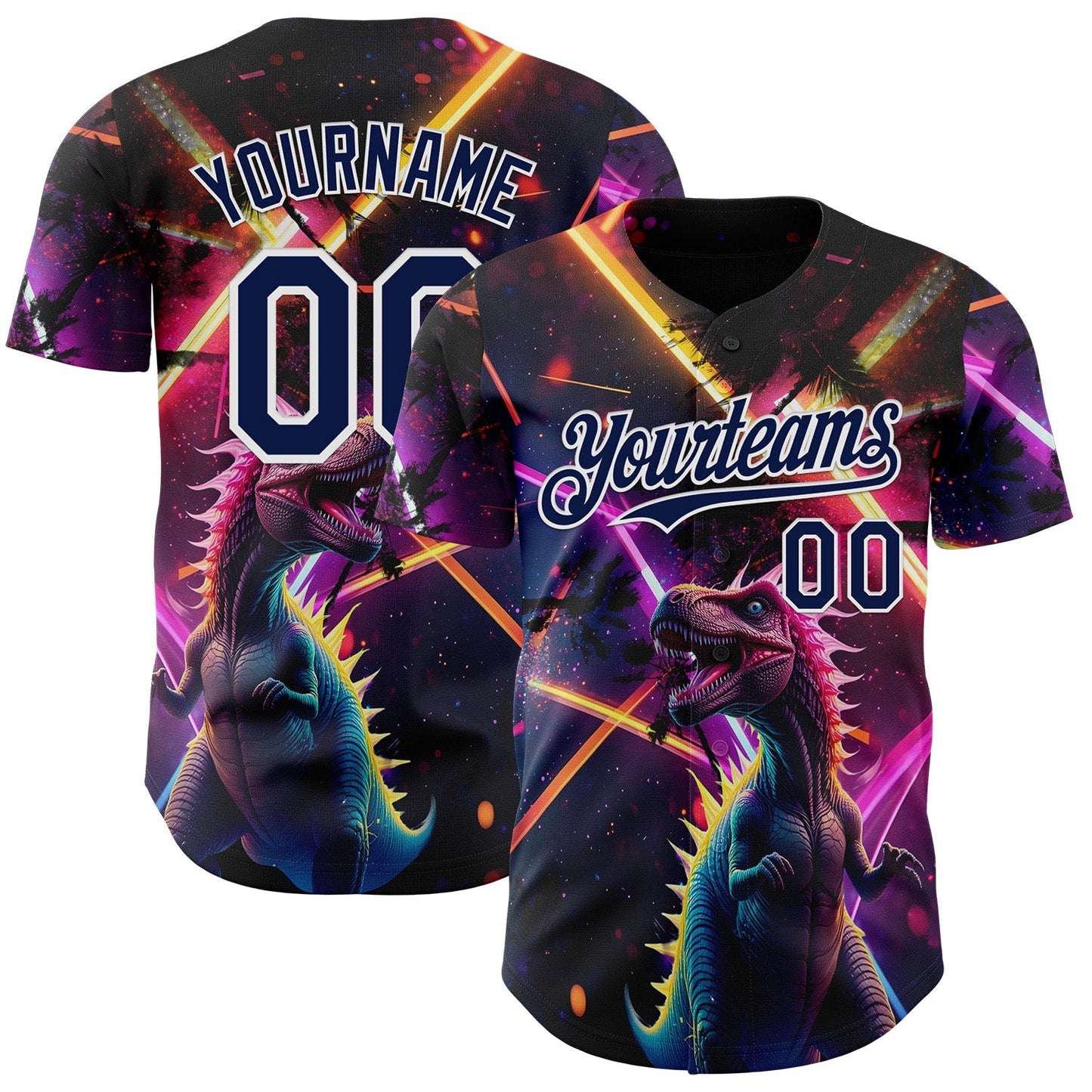 Custom Black Navy Purple-White Cyber Tropical Palm Trees Music Festival Gothic Fantasy Authentic Baseball Jersey baseball jersey product view 1