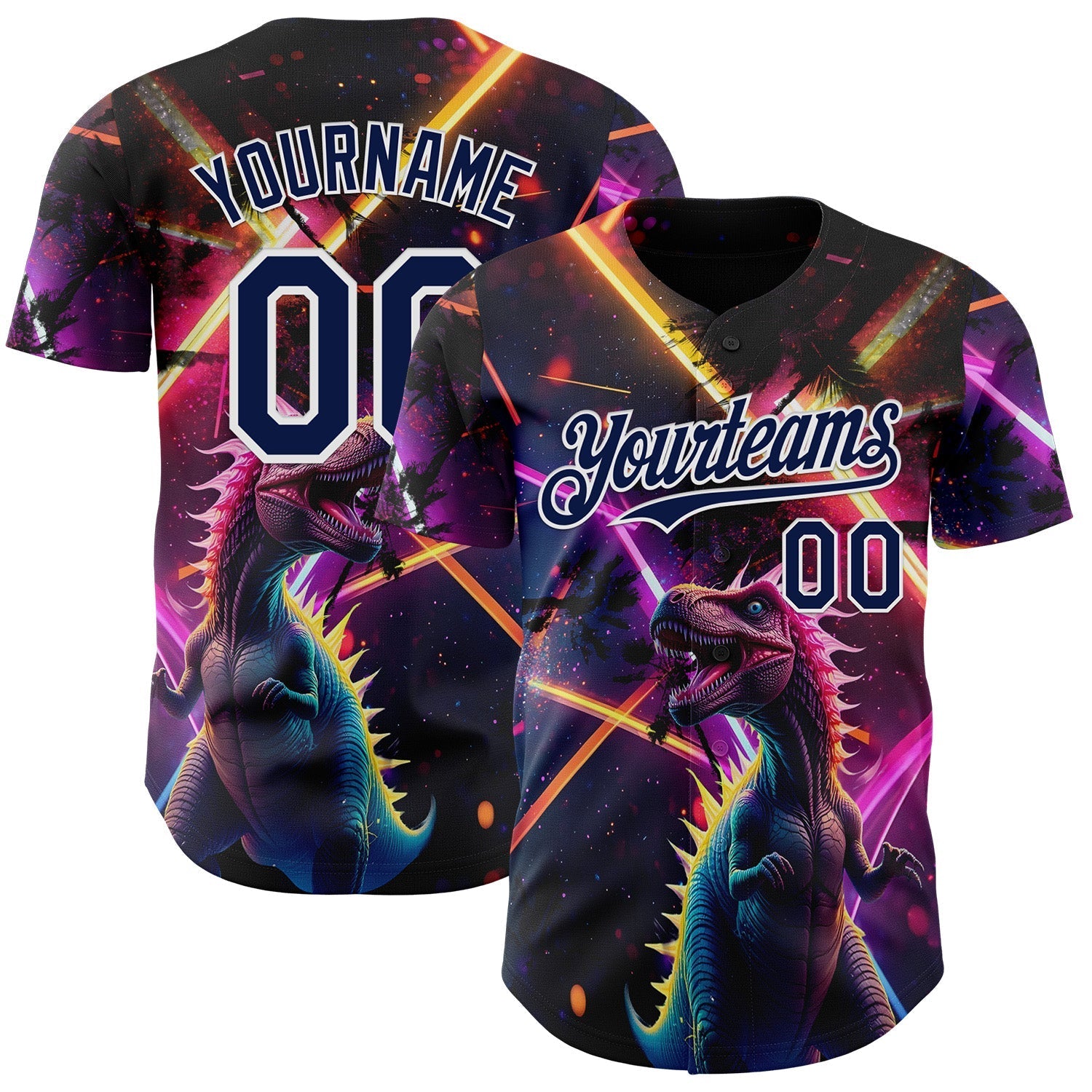 Custom Black Navy Purple-White Cyber Tropical Palm Trees Music Festival Gothic Fantasy Authentic Baseball Jersey baseball jersey product view 1