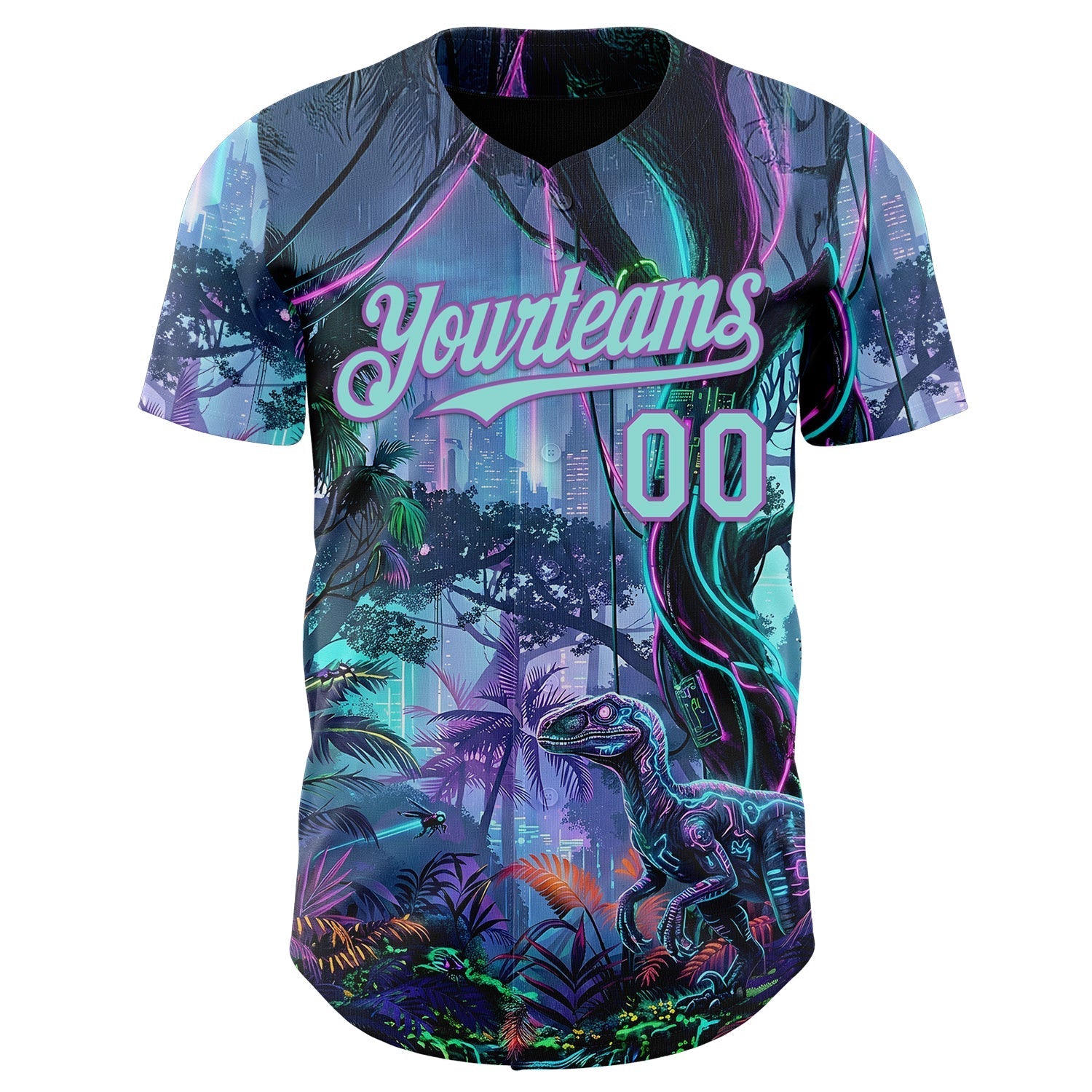 Custom Black Ice Blue-Medium Purple Cyber Tropical Palm Trees Music Festival Gothic Fantasy Authentic Baseball Jersey baseball jersey product view 2
