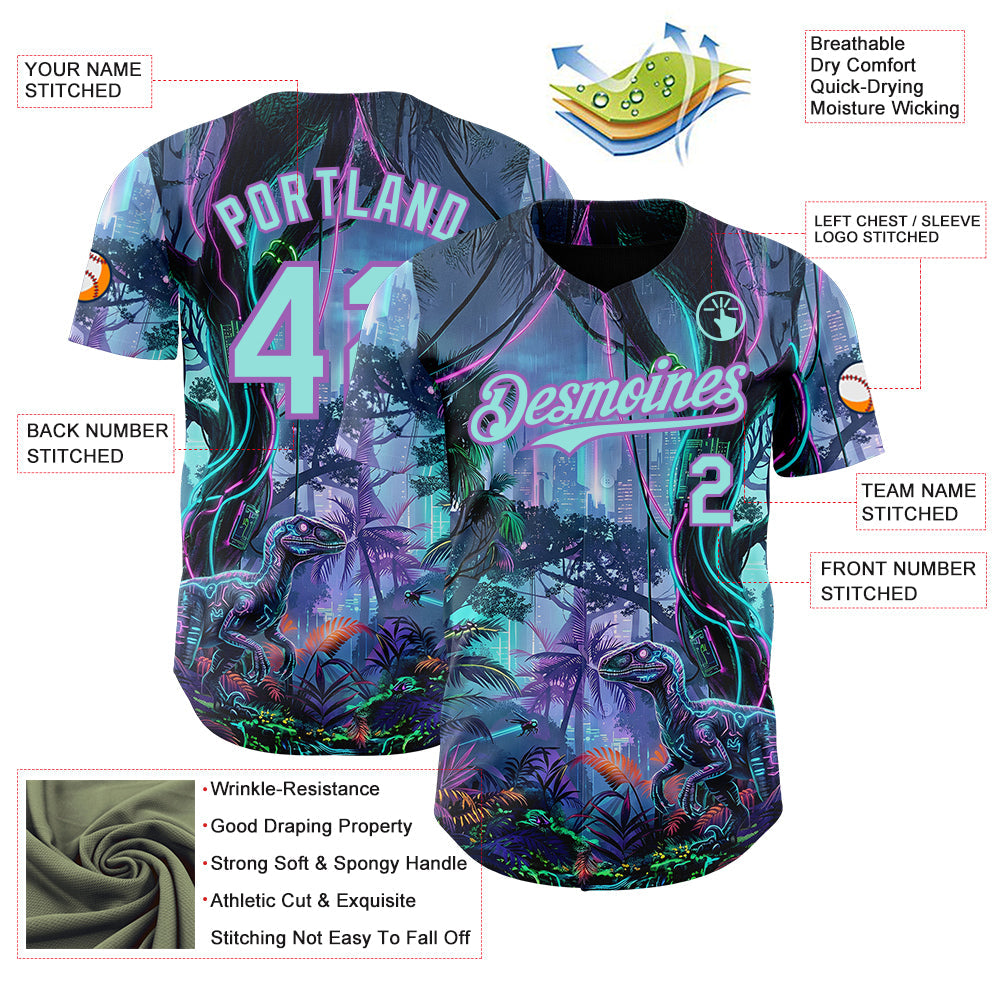 Custom Black Ice Blue-Medium Purple Cyber Tropical Palm Trees Music Festival Gothic Fantasy Authentic Baseball Jersey baseball jersey product view 3
