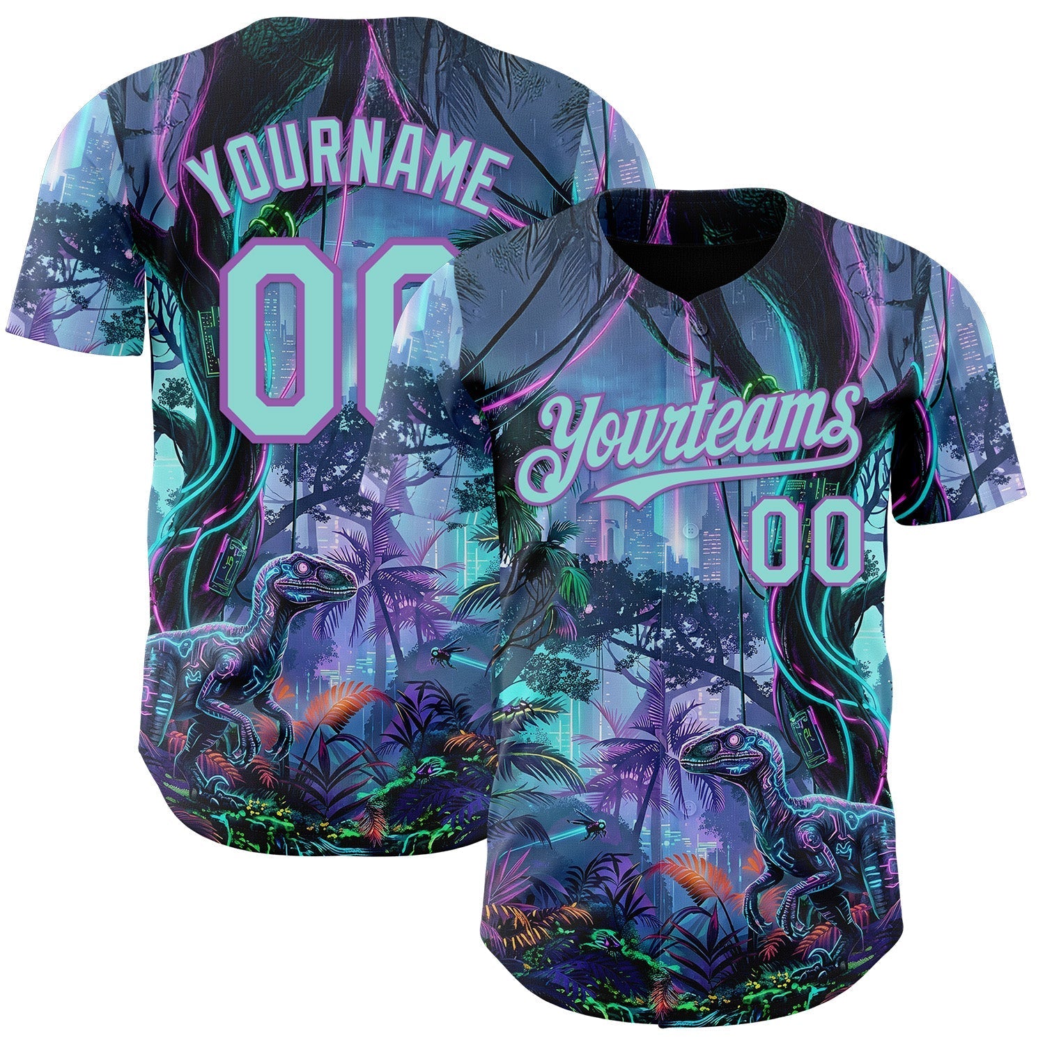 Custom Black Ice Blue-Medium Purple Cyber Tropical Palm Trees Music Festival Gothic Fantasy Authentic Baseball Jersey baseball jersey product view 1