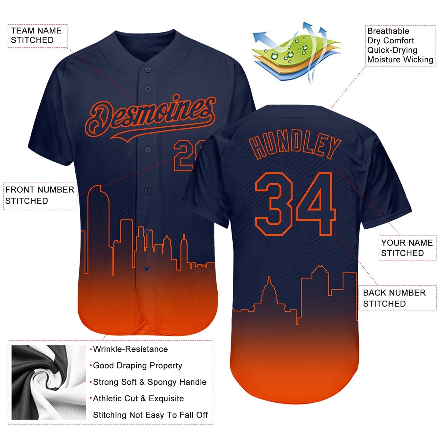 Custom Navy Orange 3D Denver City Edition Fade Fashion Authentic Baseball Jersey baseball jersey product view 3