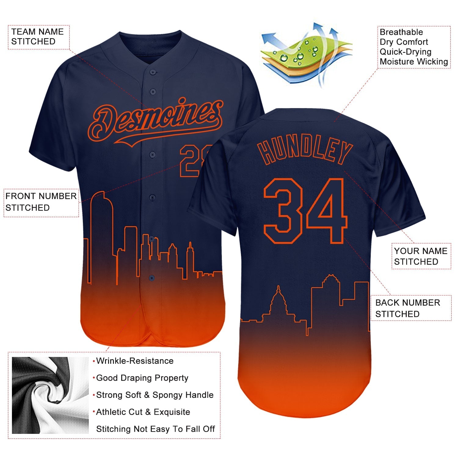 Custom Navy Orange 3D Denver City Edition Fade Fashion Authentic Baseball Jersey baseball jersey product view 3