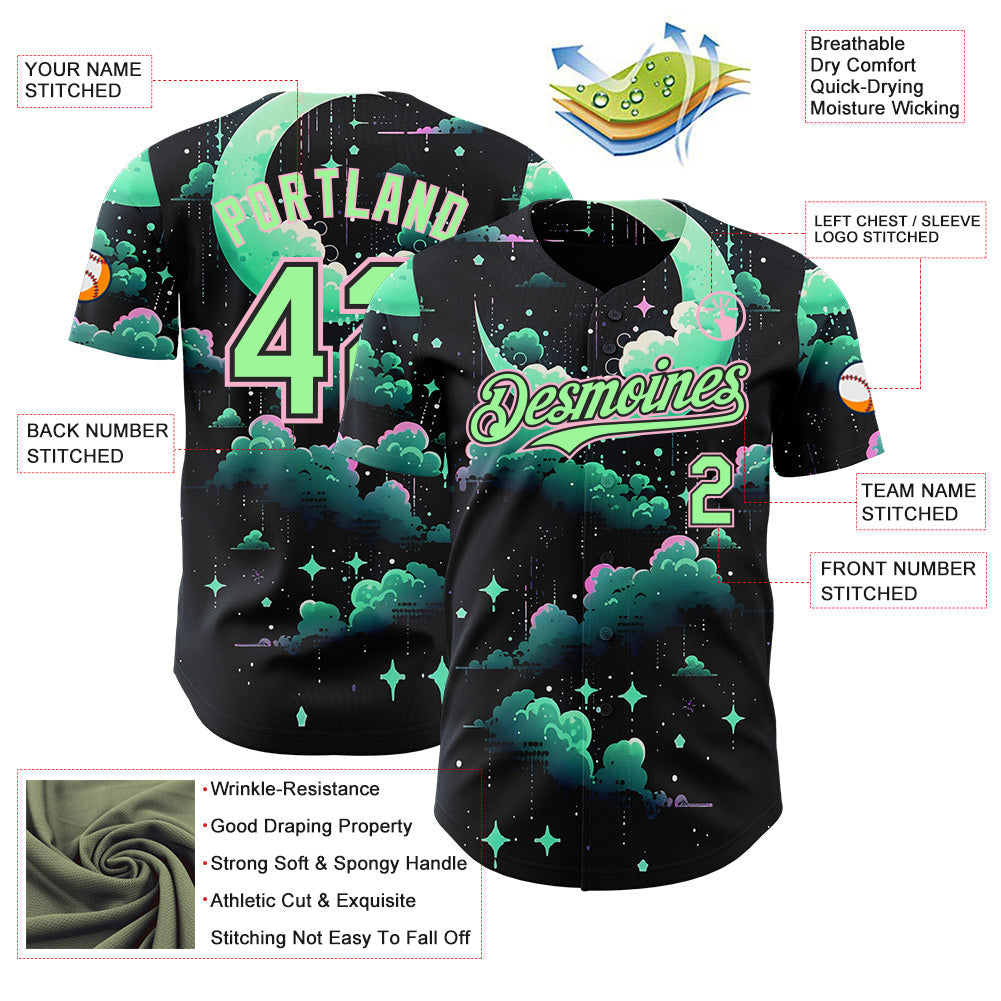 Custom Black Pea Green-Light Pink Galaxy Star Nebula Authentic Baseball Jersey baseball jersey product view 3