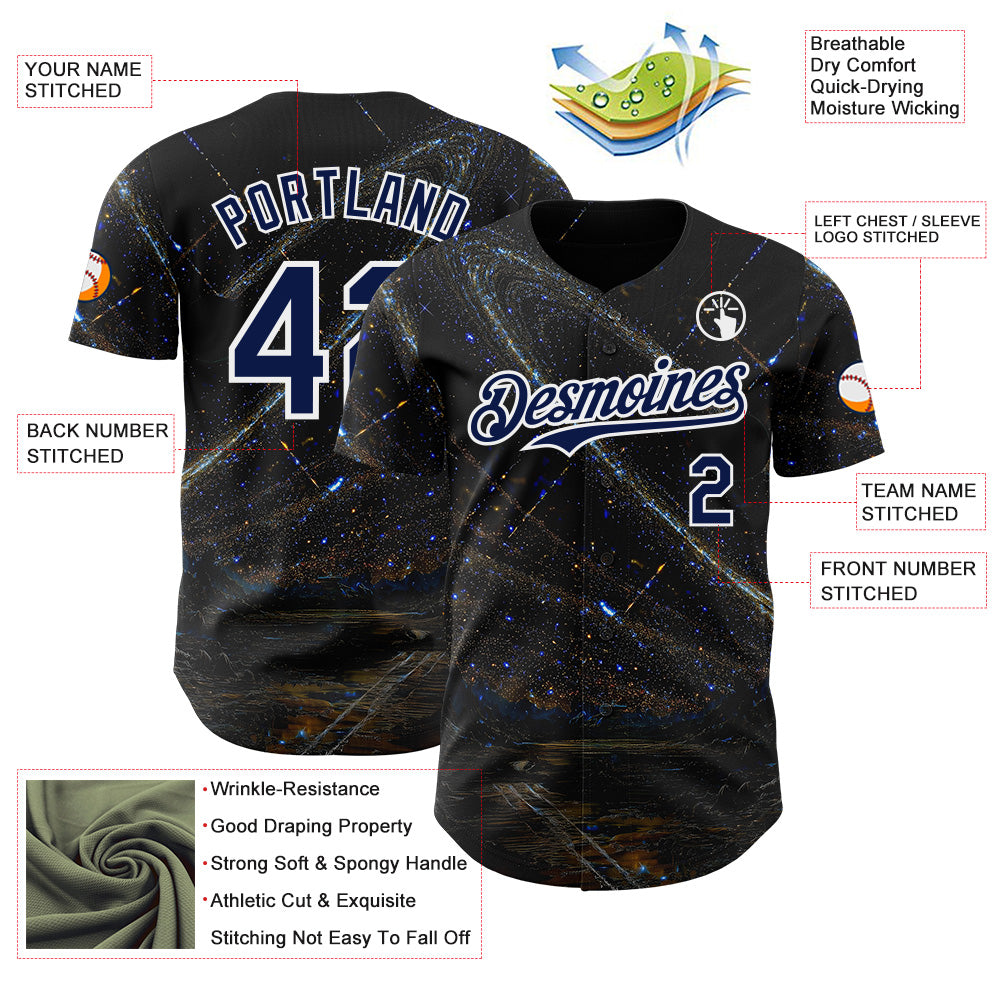 Custom Black Navy-White Galaxy Star Authentic Baseball Jersey baseball jersey product view 3