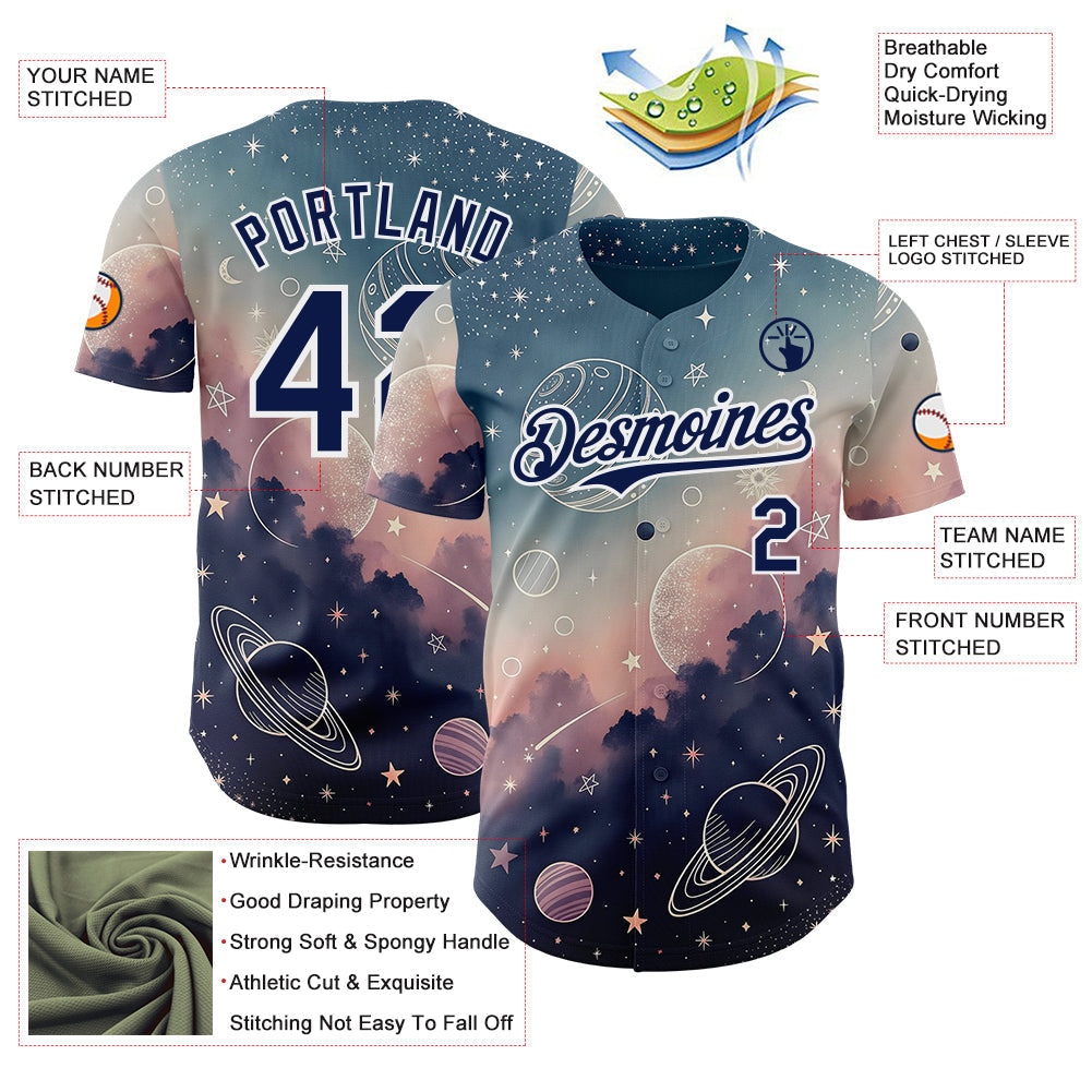Custom Blue Navy Light Pink-White Galaxy Star Nebula Authentic Baseball Jersey baseball jersey product view 3
