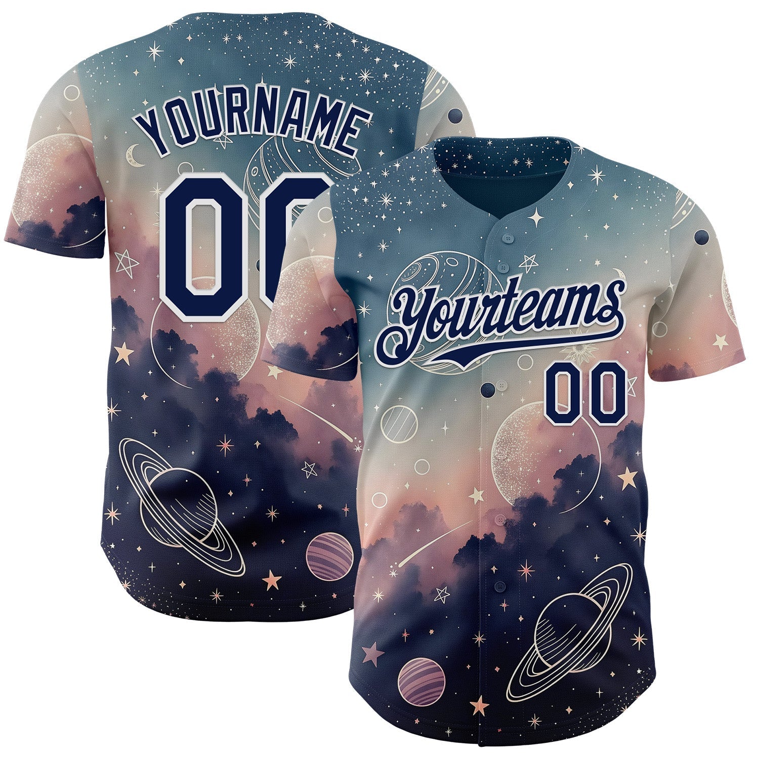 Custom Blue Navy Light Pink-White Galaxy Star Nebula Authentic Baseball Jersey baseball jersey product view 1