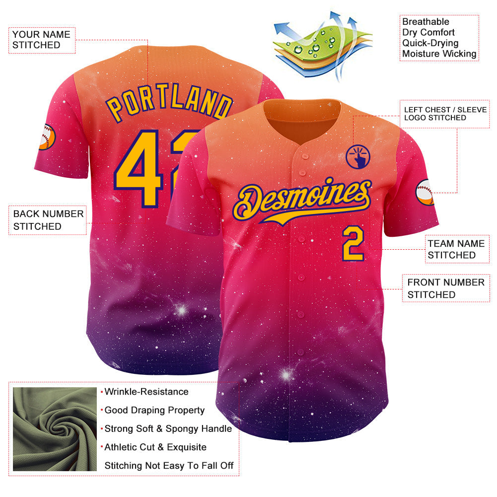 Custom Orange Gold Red-Dark Purple Galaxy Star Gradient Authentic Baseball Jersey baseball jersey product view 3