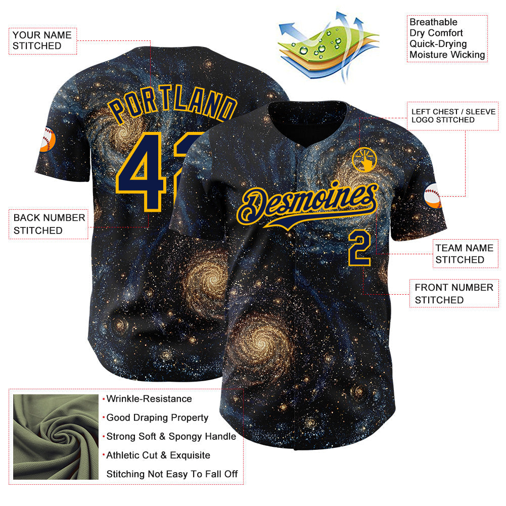 Custom Black Navy-Gold Galaxy Star Authentic Baseball Jersey baseball jersey product view 3