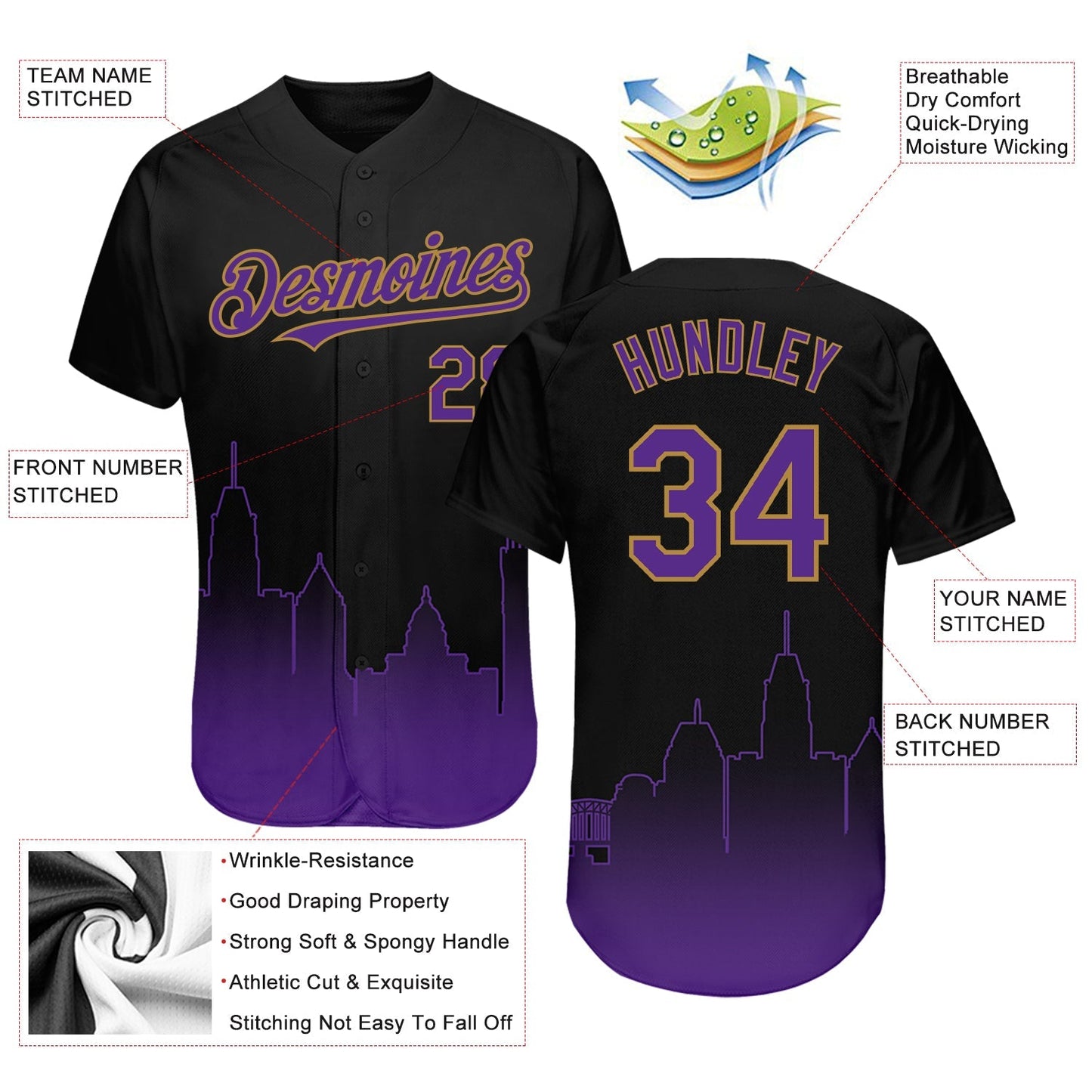Custom Black Purple-Old Gold 3D Baltimore City Edition Fade Fashion Authentic Baseball Jersey baseball jersey product view 3