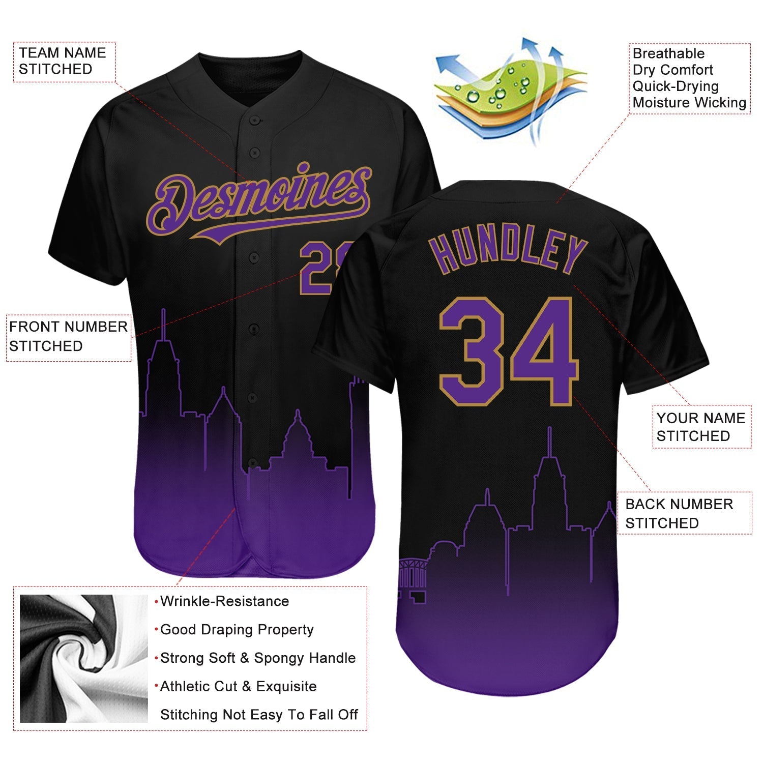 Custom Black Purple-Old Gold 3D Baltimore City Edition Fade Fashion Authentic Baseball Jersey baseball jersey product view 3