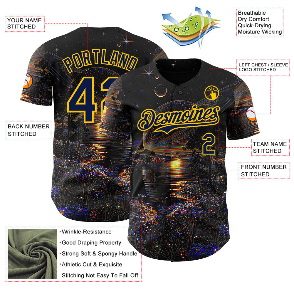 Custom Black Navy-Yellow Galaxy Star Authentic Baseball Jersey baseball jersey product view 3