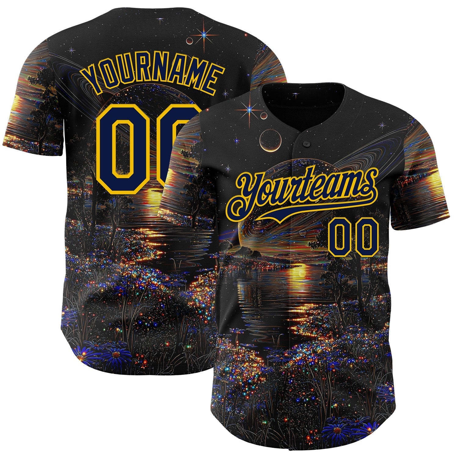 Custom Black Navy-Yellow Galaxy Star Authentic Baseball Jersey baseball jersey product view 1