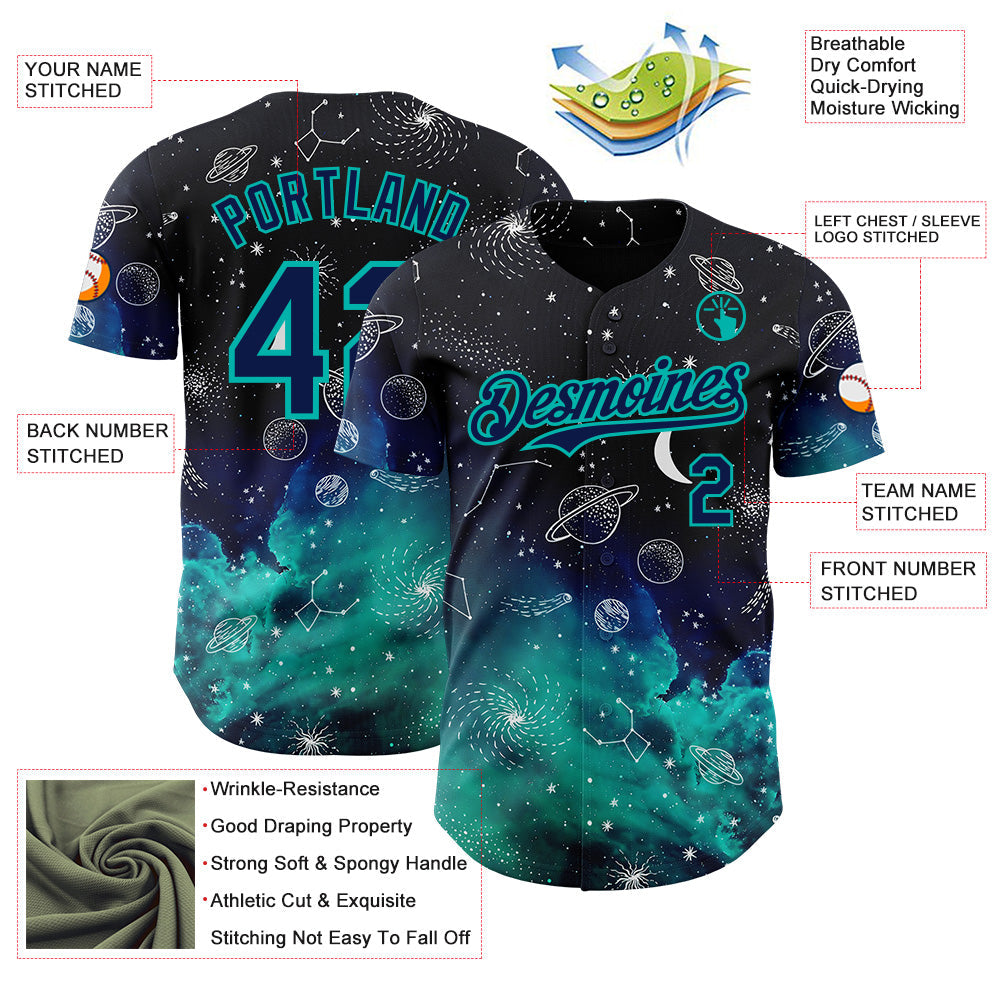 Custom Black Navy-Aqua Galaxy Star Authentic Baseball Jersey baseball jersey product view 3