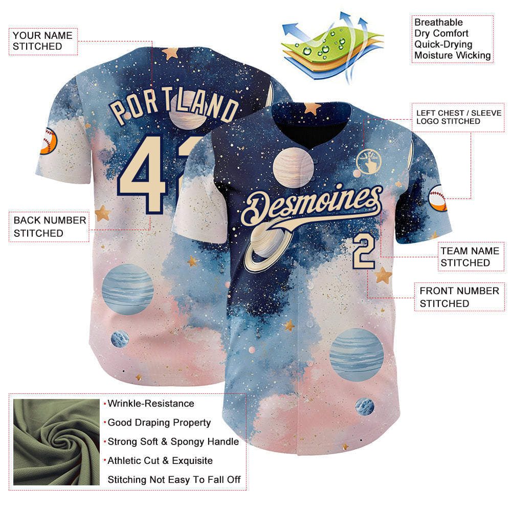 Custom Blue City Cream Light Pink-Navy Galaxy Star Nebula Authentic Baseball Jersey baseball jersey product view 3