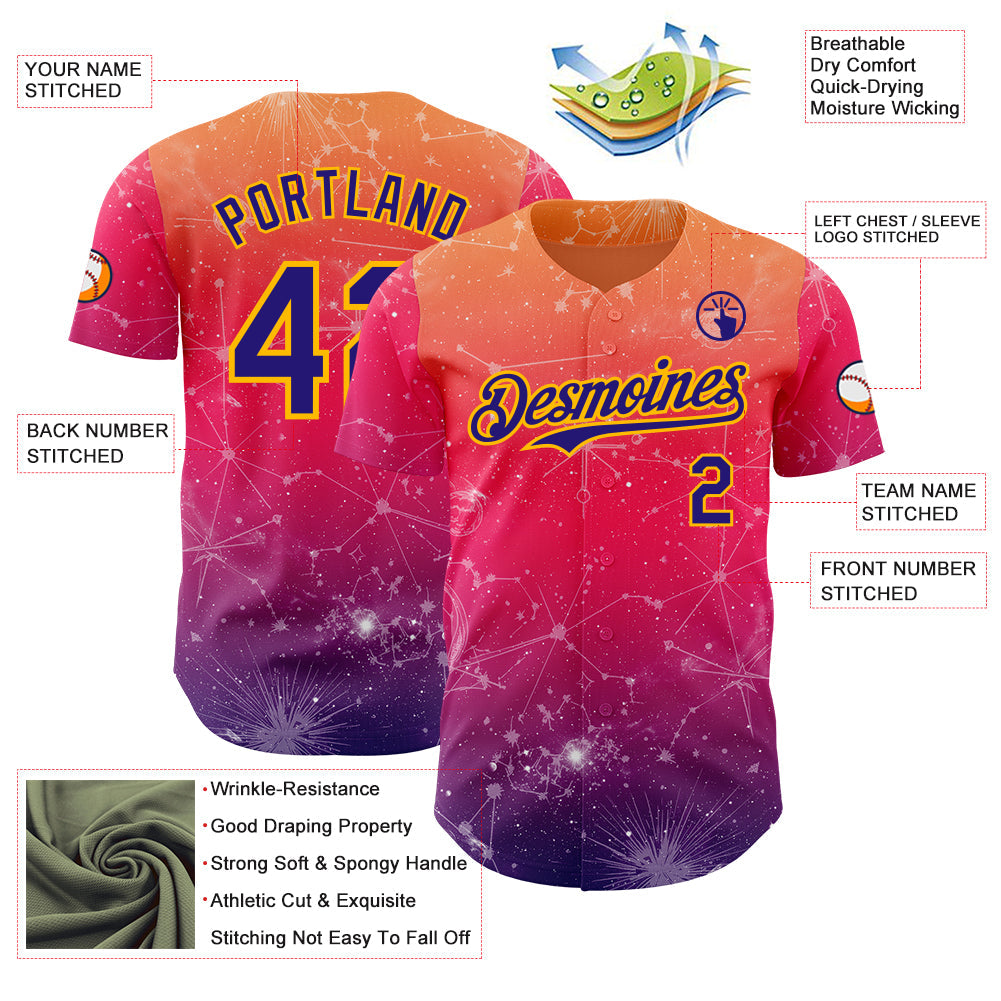 Custom Orange Dark Purple Red-Gold Galaxy Star Authentic Baseball Jersey baseball jersey product view 3