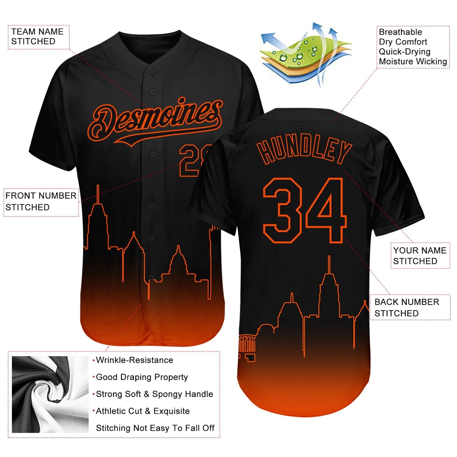 Custom Black Orange 3D Baltimore City Edition Fade Fashion Authentic Baseball Jersey baseball jersey product view 3