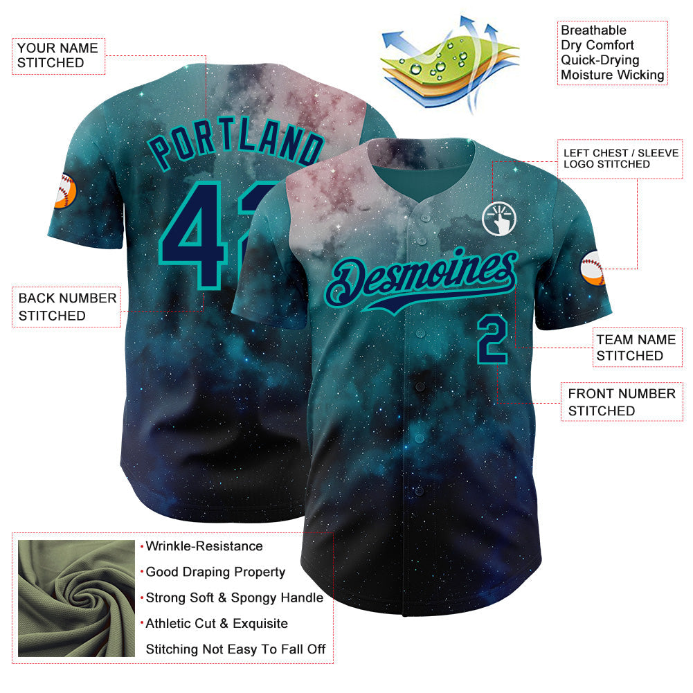 Custom Green Navy-Aqua Galaxy Star Nebula Authentic Baseball Jersey baseball jersey product view 3