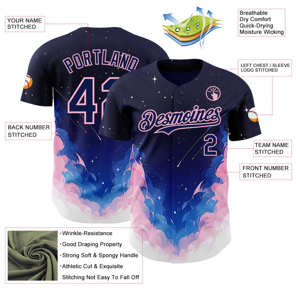 Custom Navy Blue-Light Pink Galaxy Star Nebula Authentic Baseball Jersey baseball jersey product view 3