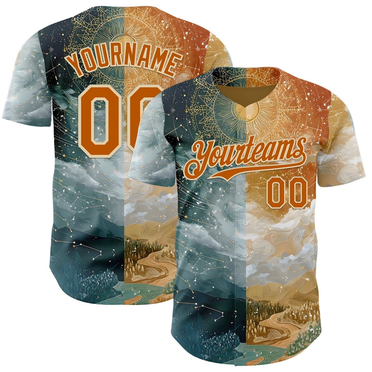 Custom Yellow Texas Orange Gray-Cream Galaxy Star Nebula Authentic Baseball Jersey baseball jersey product view 1