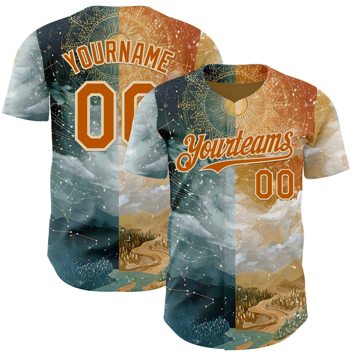 Custom Yellow Texas Orange Gray-Cream Galaxy Star Nebula Authentic Baseball Jersey baseball jersey product view 1