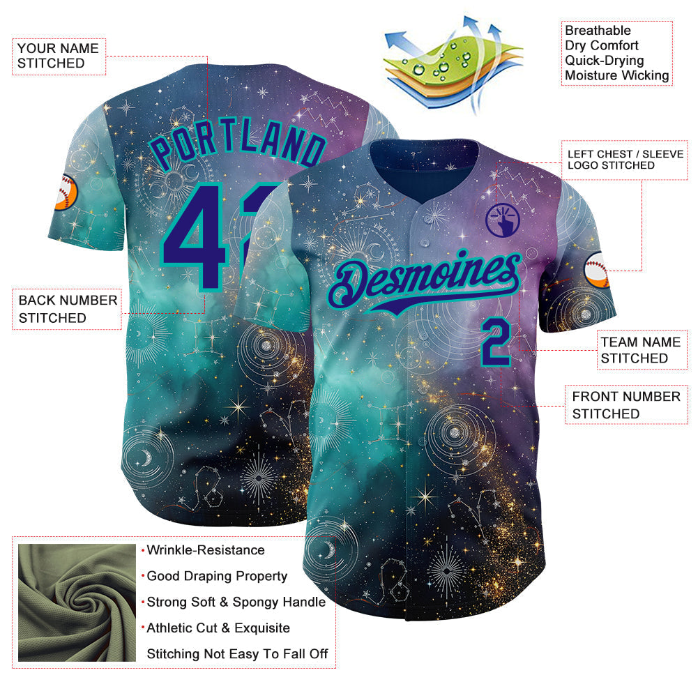 Custom Purple Dark Purple Gray-Aqua Galaxy Star Nebula Authentic Baseball Jersey baseball jersey product view 3
